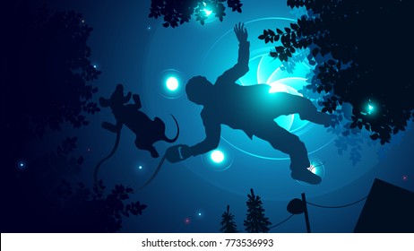 UFO abducts human in dark night sky near home. Aliens spaceship fly over man and his dog. Flying saucer or unidentified flying object. Vector illustration