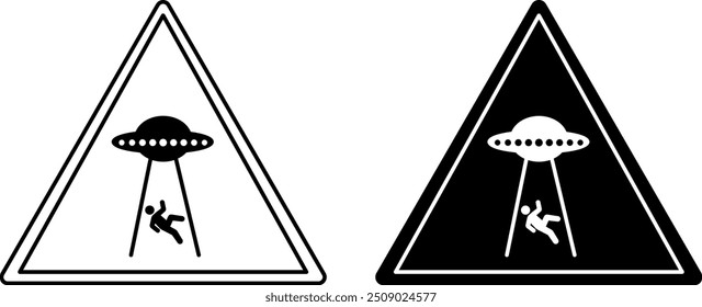 UFO Abducts Human From Earth Signs. Black and White Vector Icons. Spaceship. Warning Road Sign