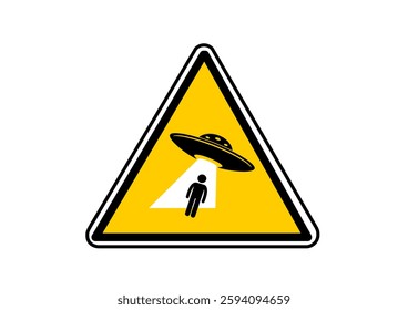 UFO abducts human from earth. Vector illustration of yellow triangle warning road sign with alien abducts man. Caution alien invasion in unidentified spaceship. Humorous traffic sign.