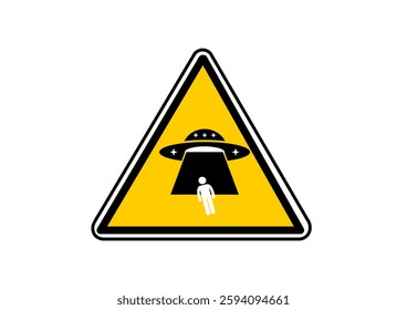 UFO abducts human from earth. Vector illustration of yellow triangle warning road sign with alien abducts man. Caution alien invasion in unidentified spaceship. Humorous traffic sign.