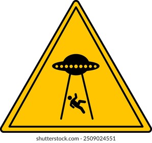 UFO Abducts Human From Earth Yellow Sign. Vector Icon. Spaceship. Warning Road Sign