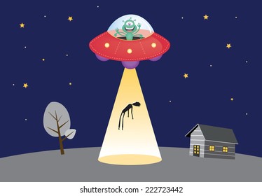 UFO abducts human silhouette in spot light / vector illustration