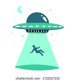 UFO abducts human. Space ship UFO ray of light Vector illustration in flat style isolated on white background. Hand drawn print concept