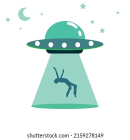 UFO abducts human. Space ship UFO ray of light Vector illustration in flat style isolated on white background. Hand drawn print concept.