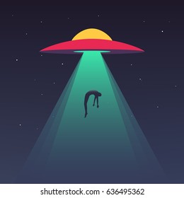 UFO Abducts Human. Space Ship UFO Ray Of Light In The Night Sky. Vector Illustration In Flat Style