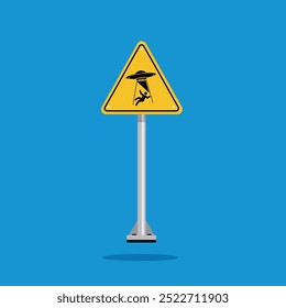 UFO abducts human warning sign on yellow triangle board. Suitable for posters and web icons