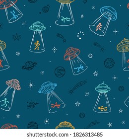 UFO Abducts Humans. Colorful Space Vector Seamless Pattern. Man Taken Away by ufo. Flying Saucer Kidnaps People Repeat Background