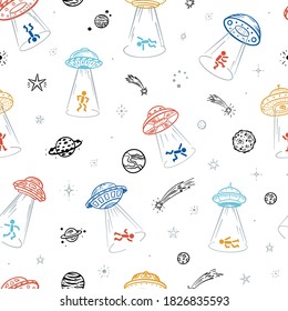 UFO Abducts Humans. Colorful Space Vector Seamless Pattern. Man Taken Away by ufo. Flying Saucer Kidnaps People Repeat Background