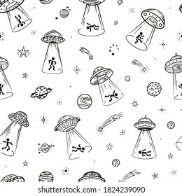 UFO Abducts Humans - Space Vector Seamless Pattern. Men Taken Away by ufo. Flying Saucer Kidnaps People Repeat Background. Stick man figures