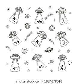 UFO Abducts Humans - Space Vector Icon Set. Man Taken Away by ufo. Flying Saucer Kidnaps People. Stick man figures