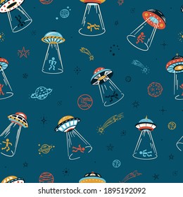 UFO Abducts Humans. Space Vector Seamless Pattern. Man Taken Away by ufo. Flying Saucer Kidnaps People Repeat Colorful Background