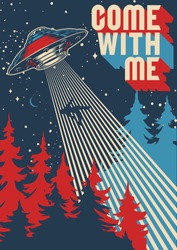 UFO Abducts Man Colorful Poster In Vintage Style Vector Illustration