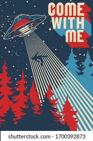 UFO abducts man colorful poster in vintage style vector illustration