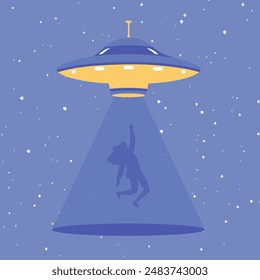 A UFO abducts a person. Spaceship UFO beam of light Vector illustration in flat style isolated on a blue background.