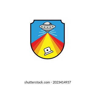 UFO abducts pilox caps illustration. Space ship UFO ray of light  warna-warni. Vector illustration in flat style