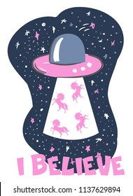 UFO abducts a unicorn vector illustration