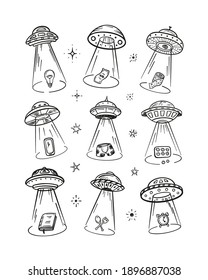 UFO Abducts Various Household Items - Space Vector Set. Flying Saucer Kidnaps Objects.