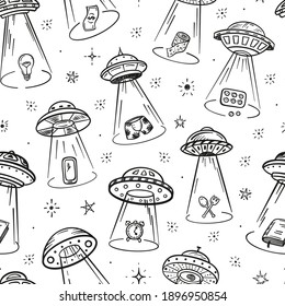 UFO Abducts Various Household Items - Space Vector Seamless Pattern. Flying Saucer Kidnaps Objects.