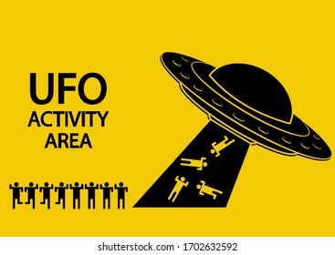 UFO activity area. Flying spaceship in black color. UFO abducts humans. Flying saucer. Alien space ship in glyph style, isolated on yellow background. Vector