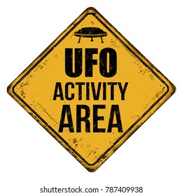 UFO activity area vintage rusty metal sign on a white background, vector illustration