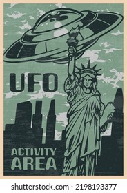 UFO Activity Colorful Poster Vintage Alien Invasion On Flying Saucers Near Statue Of Liberty In New York City Vector Illustration