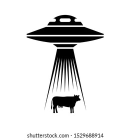 UFO adducts cow simple illustration. Side view alien spaceship with light rays to catch a cow animal.