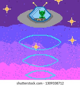 UFO against the night sky. Pixel art 8 bit  style icons of 80s Retro sci-Fi background. Stickers design. Vector illustration.