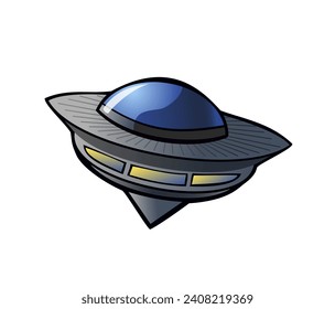 UFO against white background. Science fiction spacecraft. Futuristic spaceship. Flying object. Image of space dish. Children picture. Vector illustration.