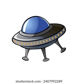 UFO against white background. Spaceship of aliens. Flying object. Futuristic aircraft. Children picture. Vector illustration.