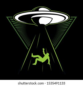 Ufo alien abduction. Aliens steal man, vector illustration.