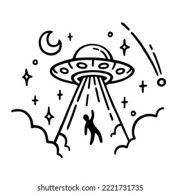 UFO alien abduction tattoo design. Flying saucer doodle drawing. Spaceship abducting man. Vector illustration.