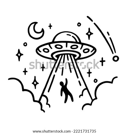 UFO alien abduction tattoo design. Flying saucer doodle drawing. Spaceship abducting man. Vector illustration.