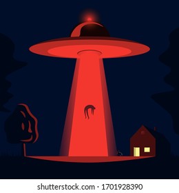 Ufo alien abducts farmer in a night field near the house, cartoon concept vector stock illustration