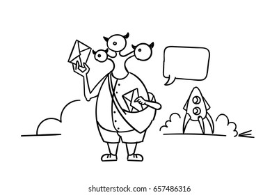UFO alien arrived on rocket and brought letter postman. Funny Martian News subscription vector illustration. Drawings by hand