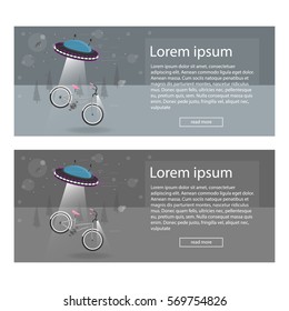 UFO alien and a Bicycle. Beautiful set of colorful vector banners on the theme mountain biking, bike store, routes for cycling. Style for graphic design, Web site, user interface, mobile app.