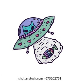 Ufo and alien cat flying. Cat catch fish. Cute ufo with little hearts. Crazy cat attack in space on flying saucer. Hand drawn isolated illustration.