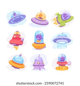 Ufo and Alien Character in Spaceship or Shuttle Vector Set