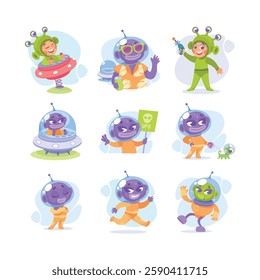 Ufo and Alien Character in Spacesuit and Shuttle Vector Set