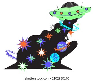UFO alien fantasy spaceship, cartoon flat vector illustration isolated on white background. Fantasy space object among stars and planets.