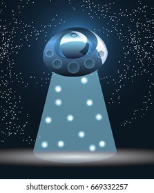 UFO alien flying with blue lights Icon. Vector spaceship mystery rocket, cartoon illustration.