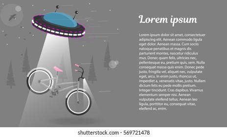 UFO alien flying with lights took the bike. Funny cartoon vector illustration. Background for brochure.