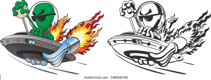 UFO Alien Hot Rod Isolated Vector Illustration in Full Color and Line Art