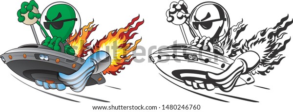 UFO Alien Hot Rod Isolated Vector Illustration in\
Full Color and Line Art