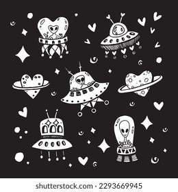 UFO and alien illustration set in doodle style on black