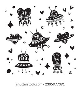 UFO and alien illustration set in doodle style