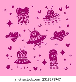 UFO and alien illustration set in doodle style on pink