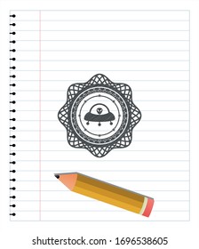 ufo with alien inside icon drawn with pencil strokes. Vector Illustration. Detailed.