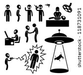UFO Alien Invaders Stick Figure Pictogram Icon