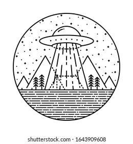 UFO Alien Invasion Camp Hike Nature Wild Line Graphic Illustration Vector Art T-shirt Design