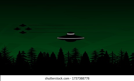 Ufo Alien Invasion Dark Background Forest Tree Vector